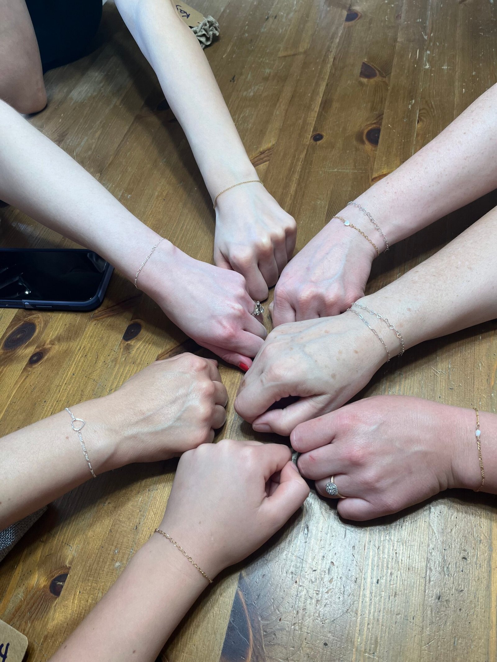 Friends bringing their permanent bracelets together